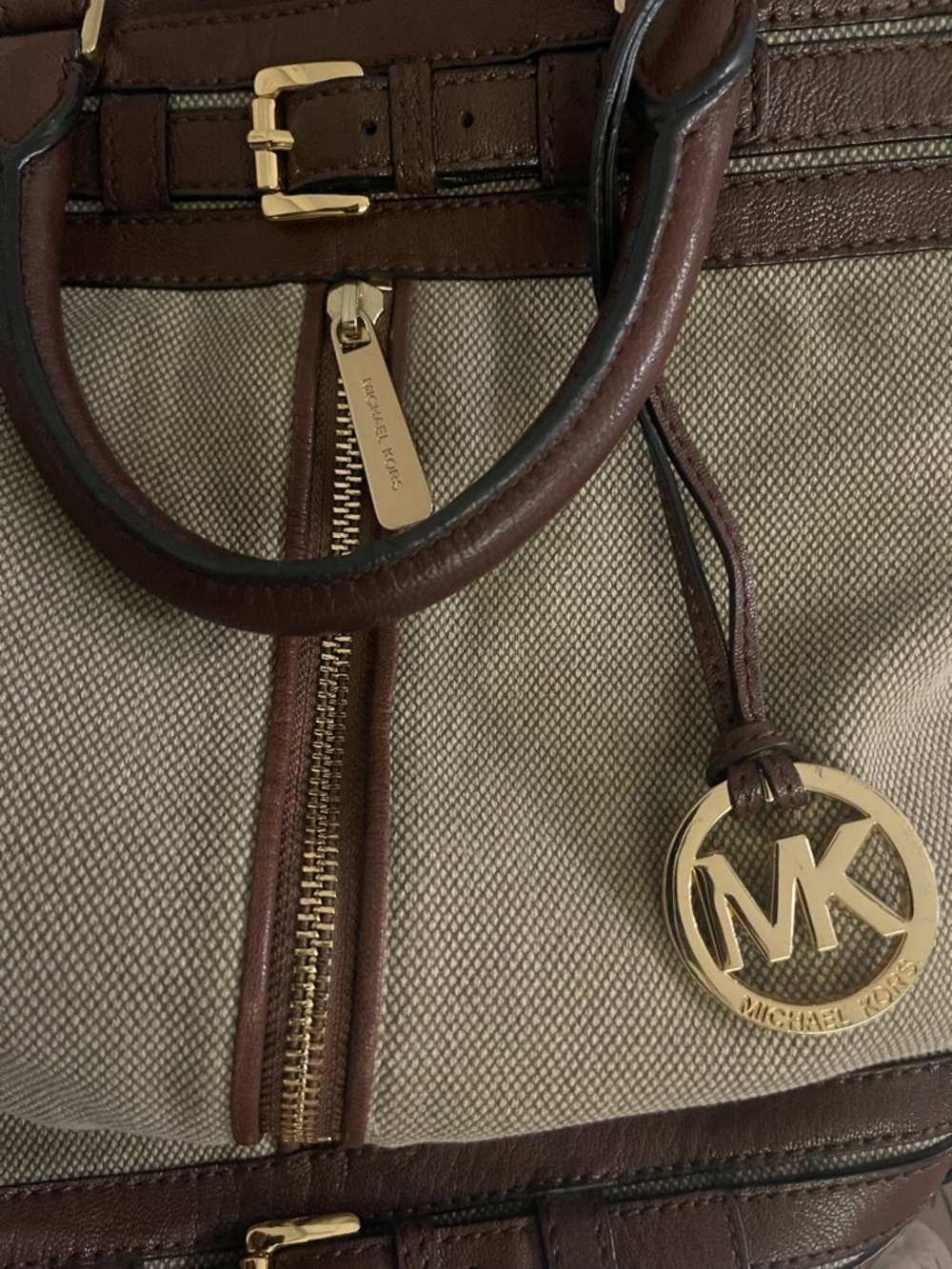 Michael Kors Kingsbury Hemp Beige Canvas and Brown Leather Bucket Tote - Picture 3 of 4